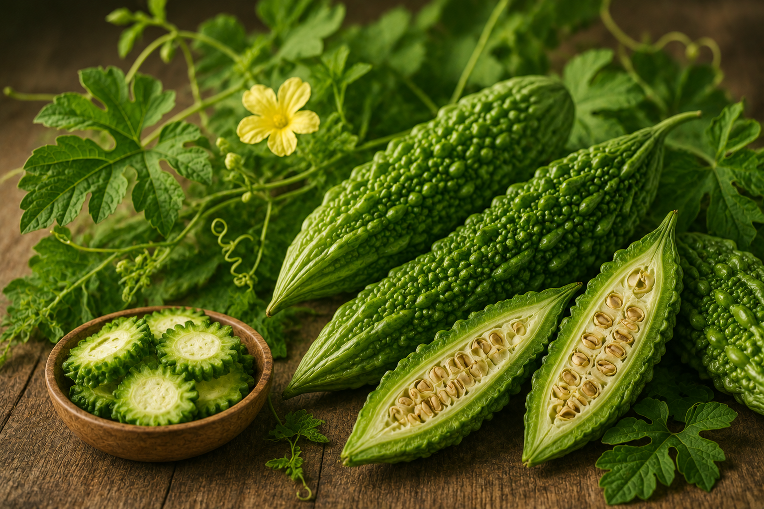 Botanical profile of Momordica charantia showing bitter melon vine, leaves, flowers and ridged fruit