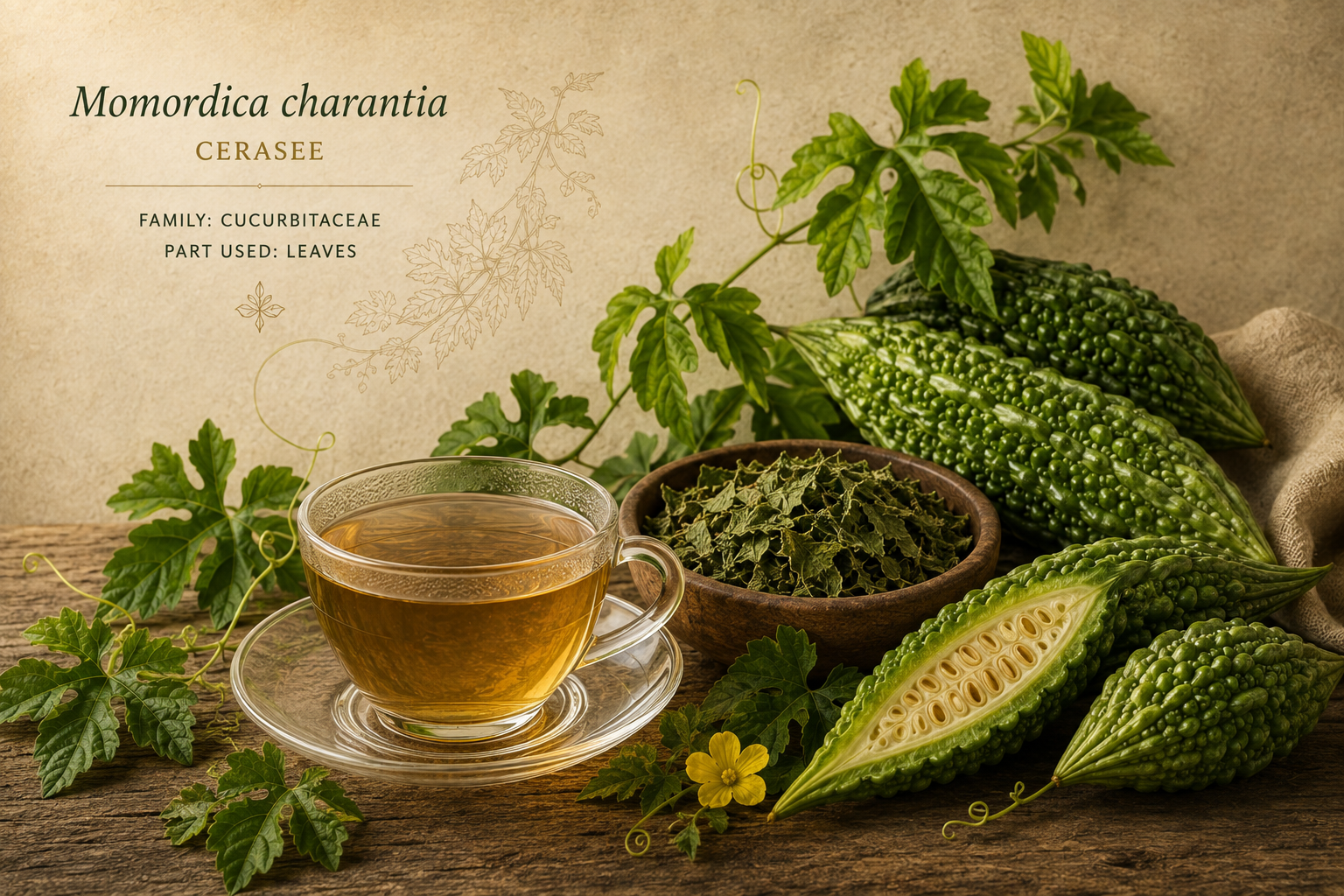 Botanical profile of cerasee Momordica charantia vine, leaves and fruit