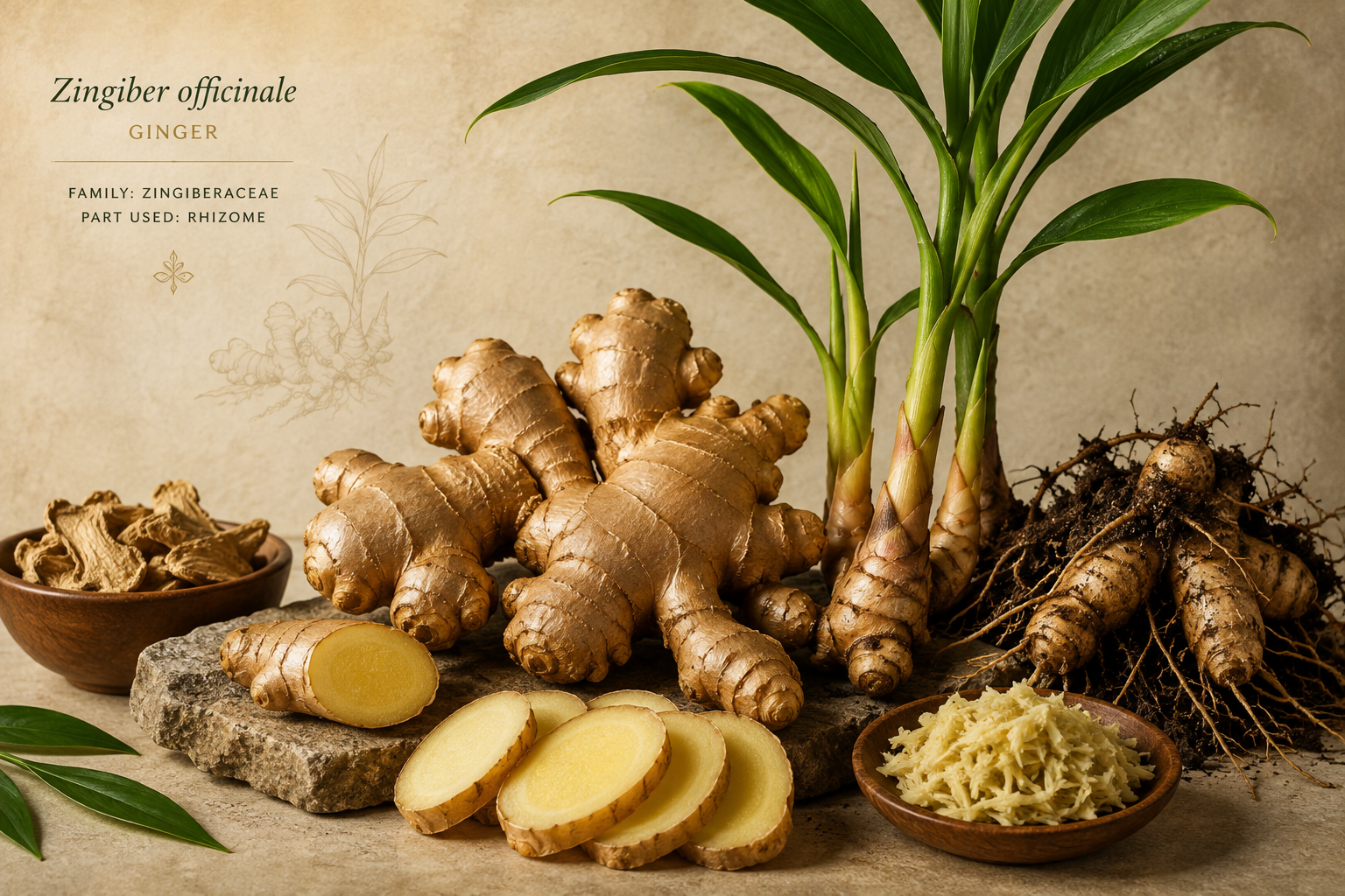 Botanical study of fresh ginger rhizomes, sliced ginger and the ginger plant