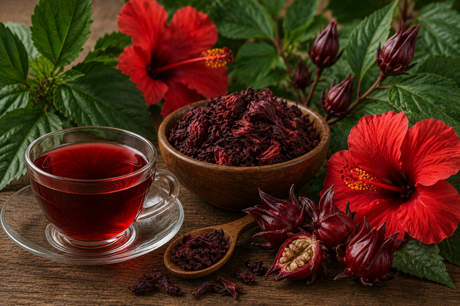 Botanical profile of Hibiscus sabdariffa with red calyces, leaves and dried roselle