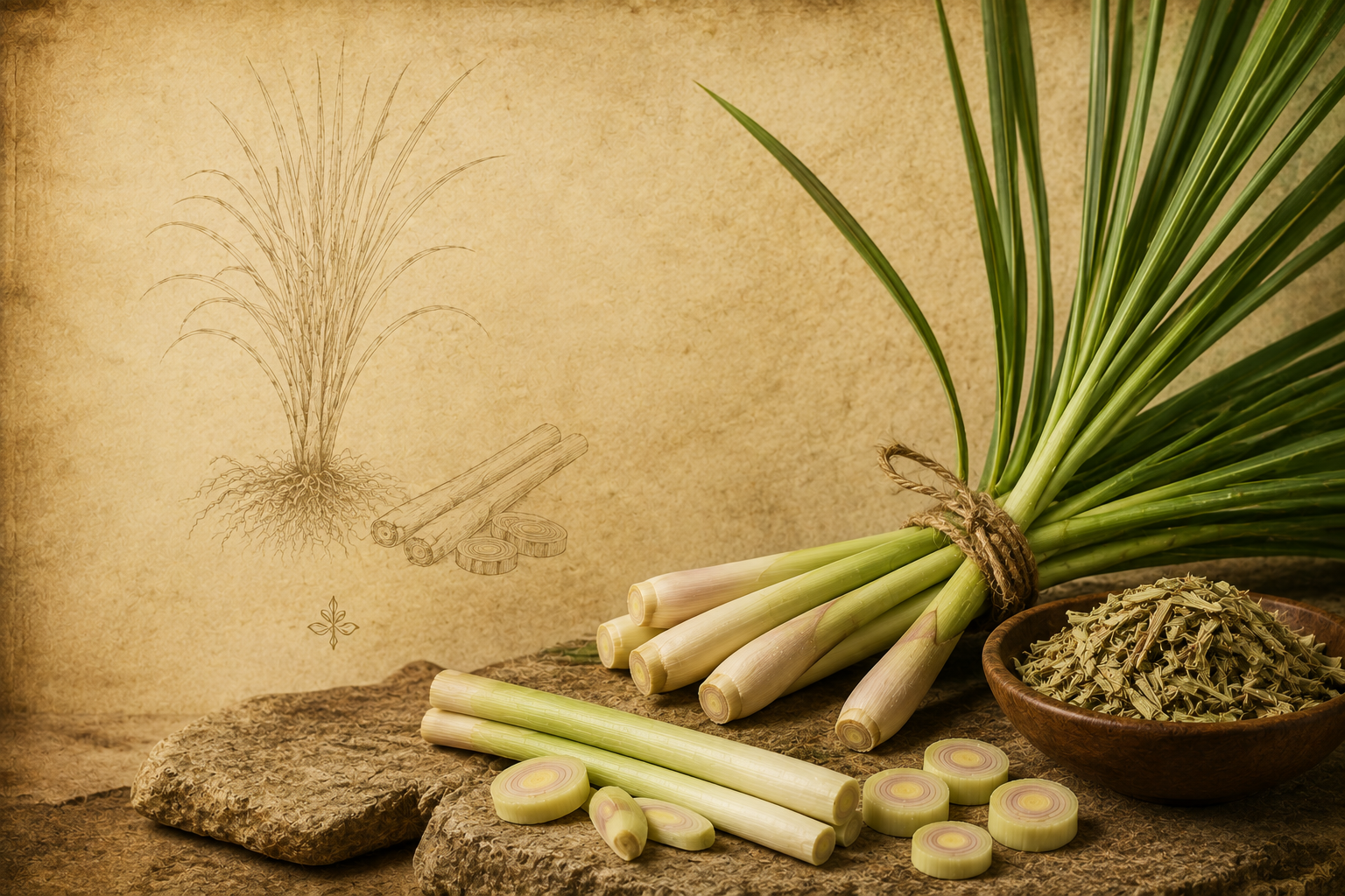 Botanical study of fresh lemongrass leaves and stalks