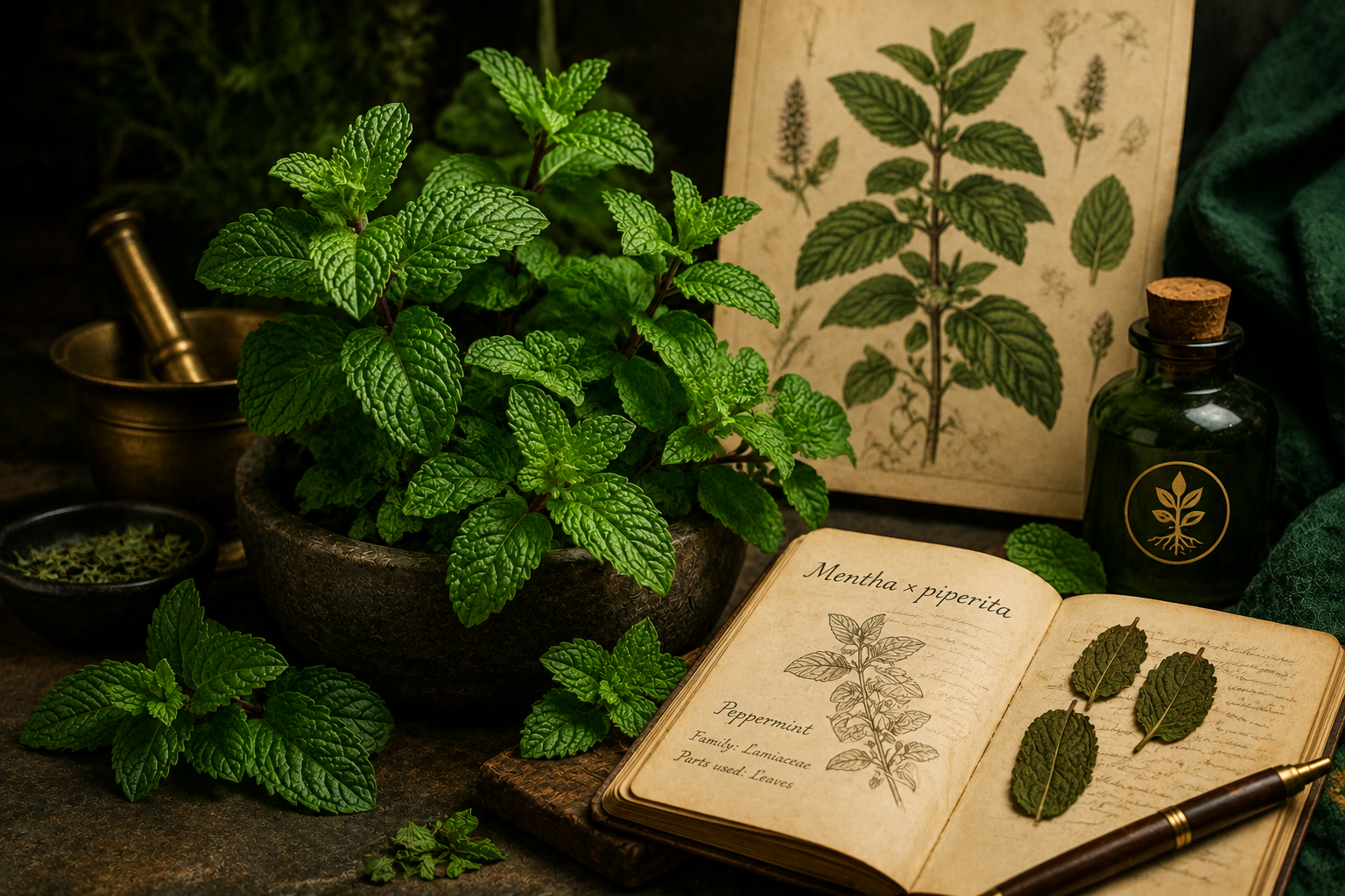 Botanical profile of fresh spearmint leaves and stems, Mentha spicata