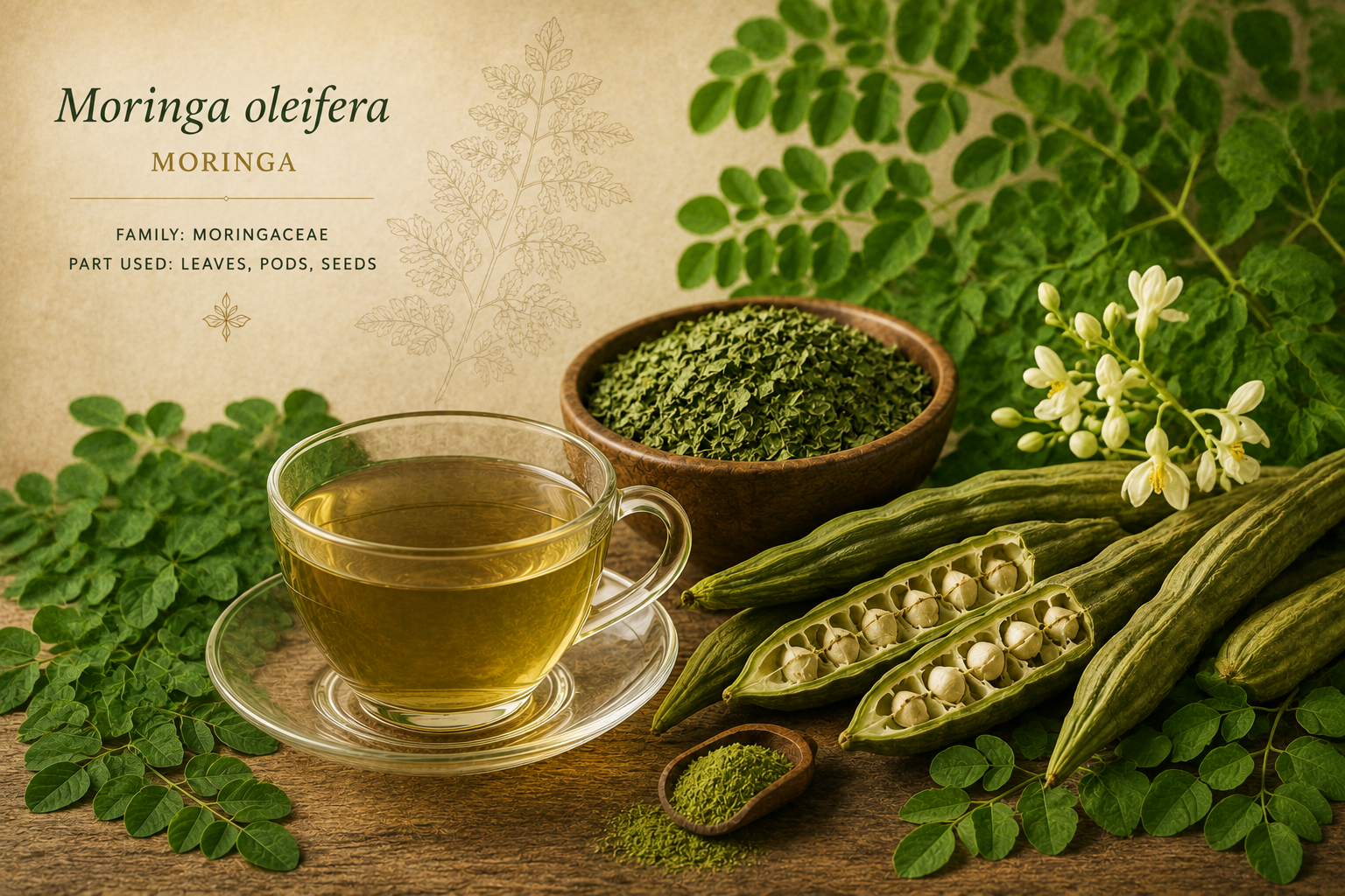 Botanical study of Moringa oleifera leaves, pods, seeds and flowers