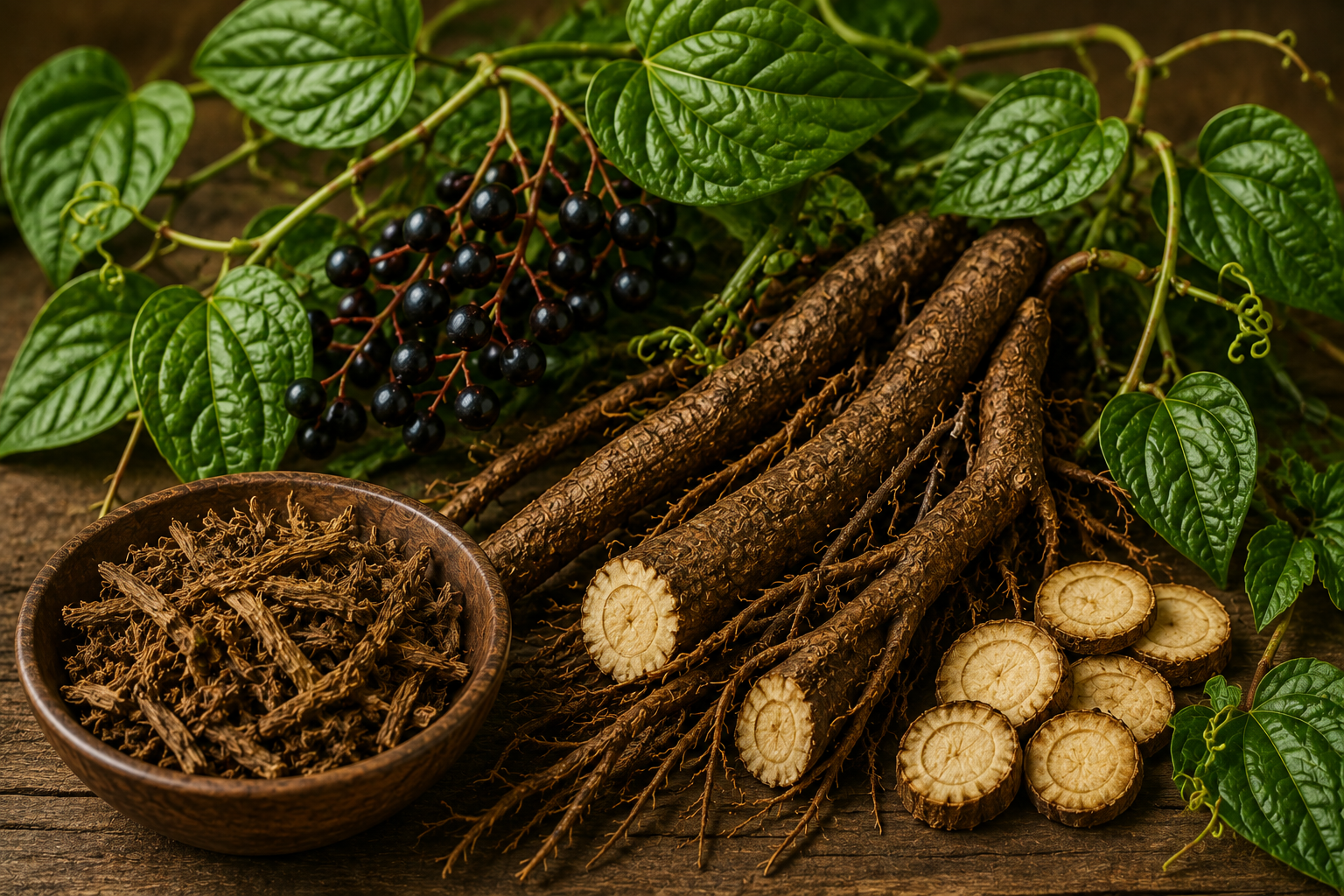 Botanical profile of sarsaparilla root and Smilax vine