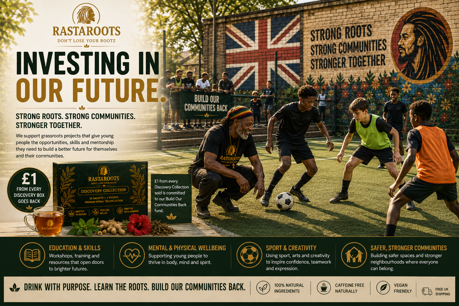 Young people playing community football supported by the RastaRoots Build Our Communities Back vision
