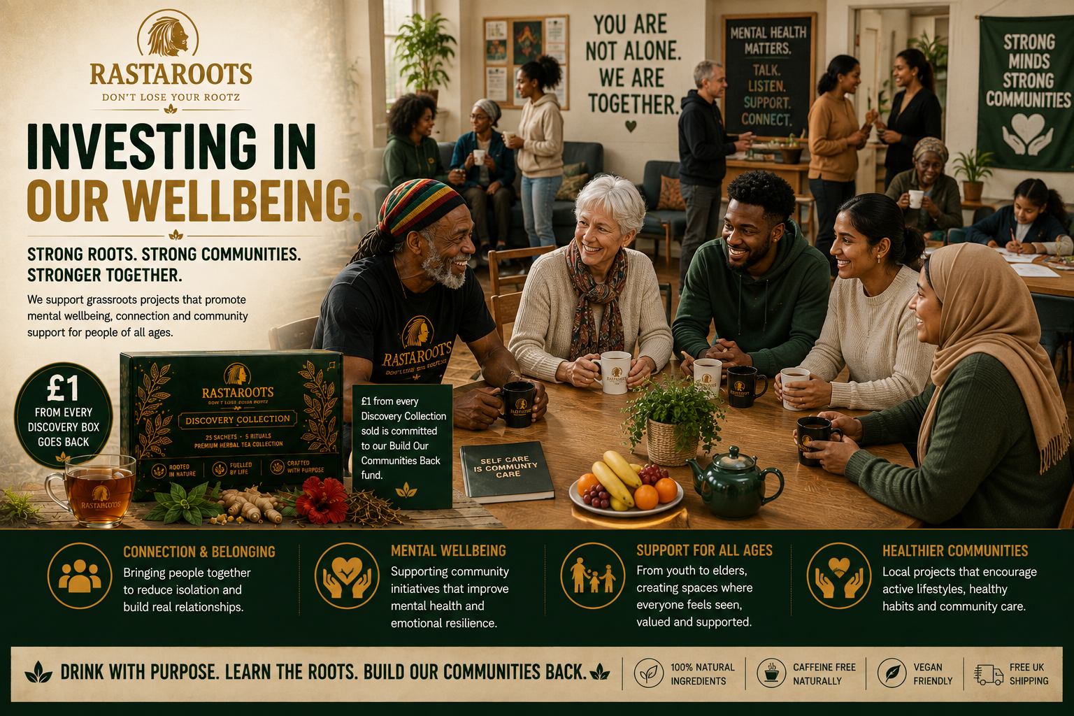 Multicultural community wellbeing gathering with people connecting over tea in Britain