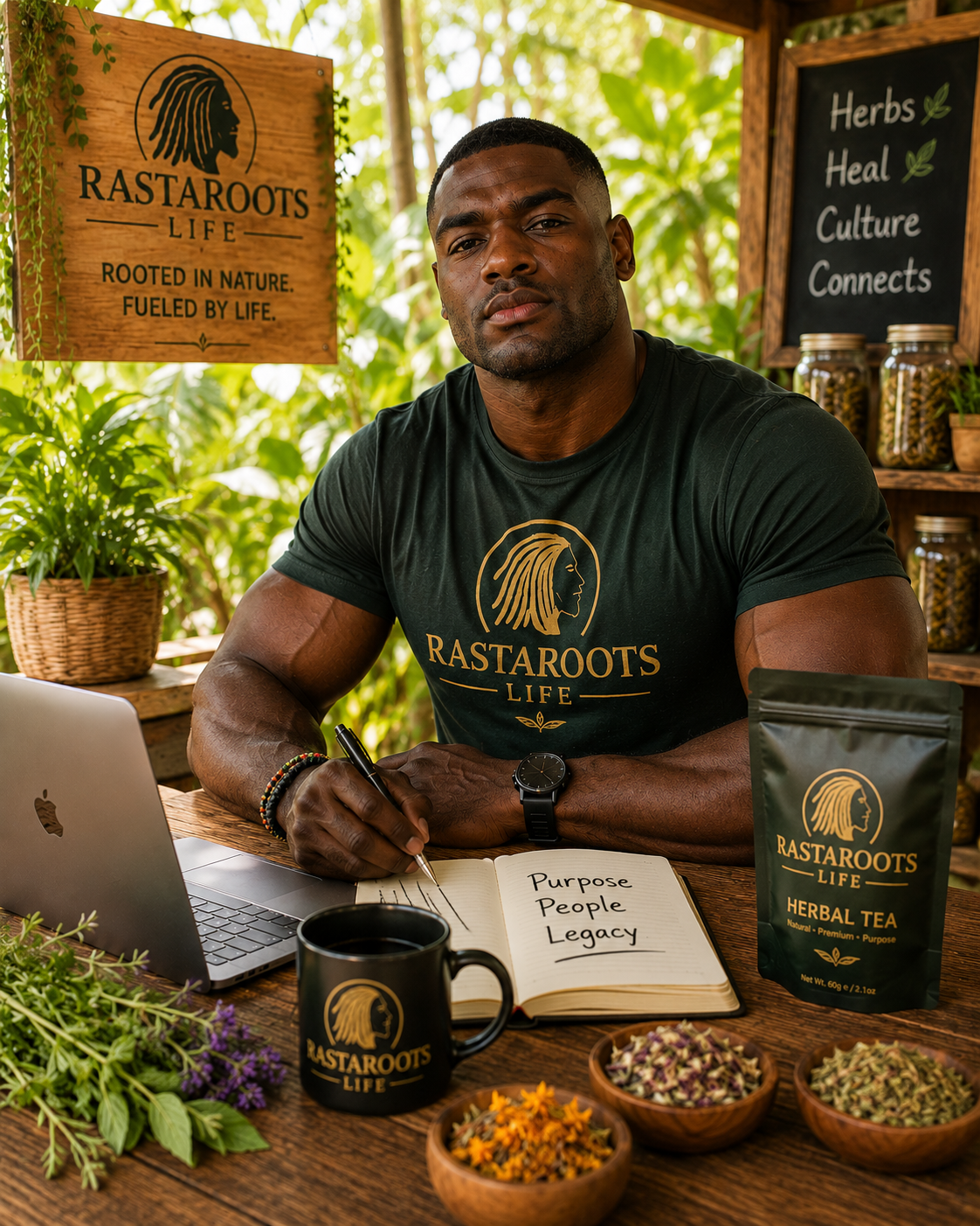 Dion Depeiaza founder of RastaRoots Life working with tea, notebook and laptop