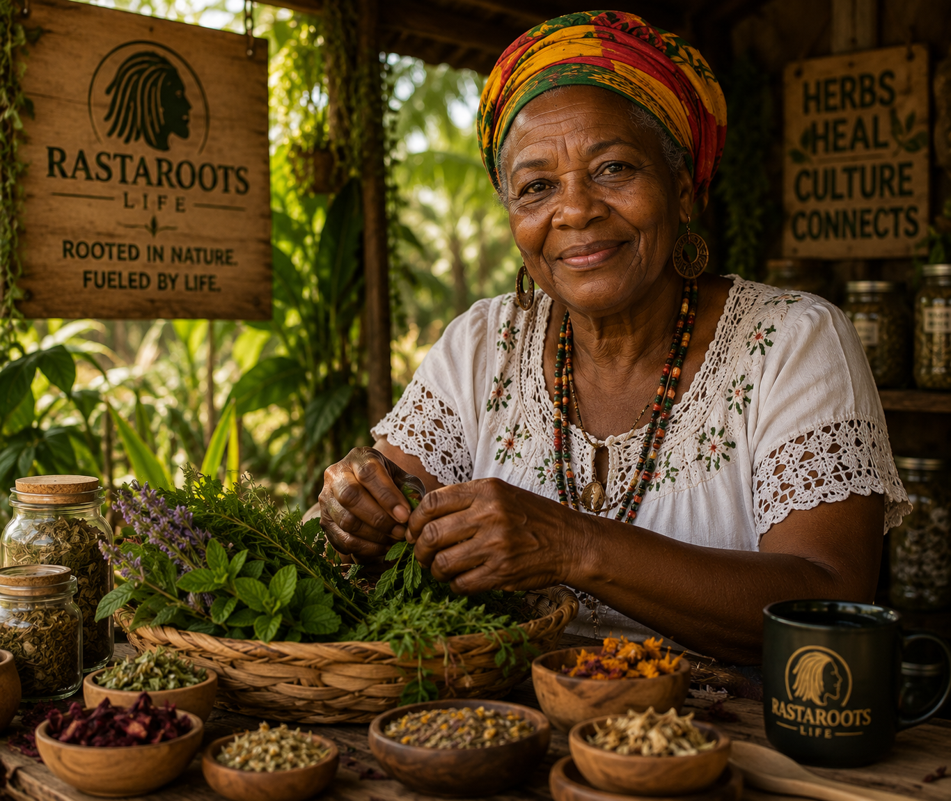 Caribbean herbal elder preparing fresh herbs for RastaRoots Life