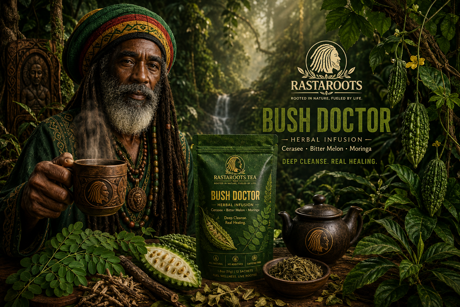 Bush Doctor Guardian surrounded by Caribbean herbs