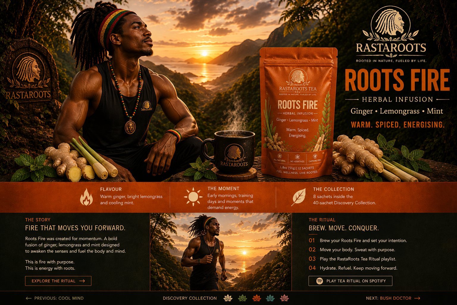 Young athletic Roots Fire Guardian standing in front of a sunrise