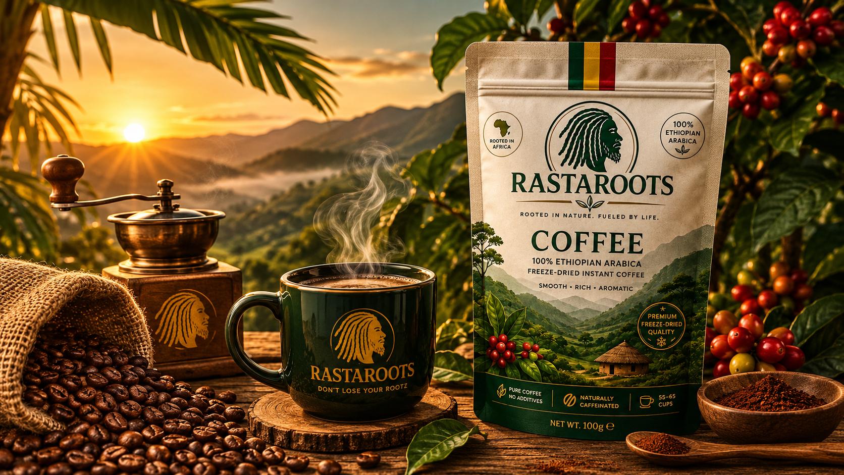 RastaRoots Ethiopian Arabica freeze-dried coffee