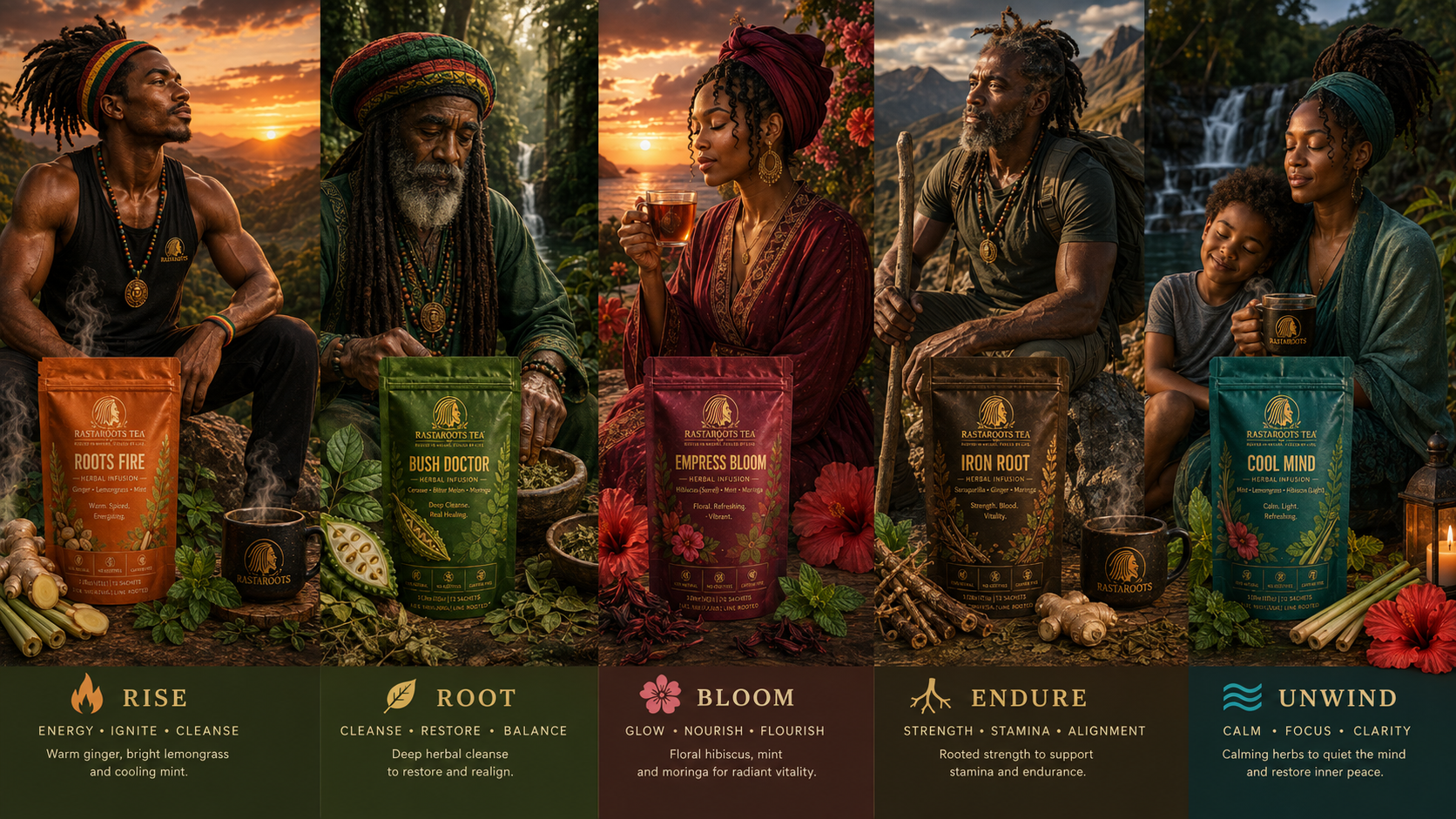 Five RastaRoots herbal tea rituals representing Rise, Root, Bloom, Endure and Unwind
