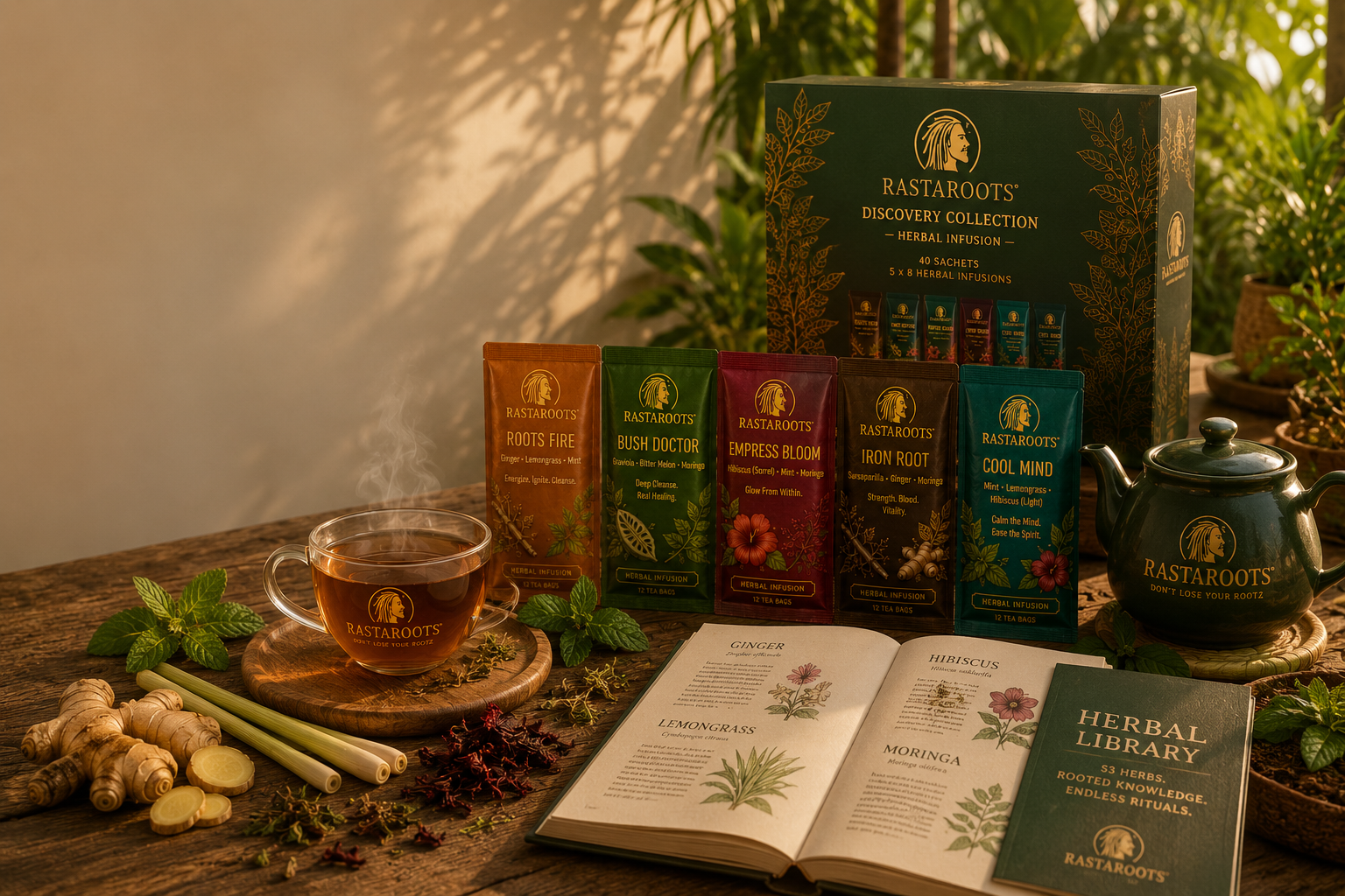 RastaRoots Discovery Collection, five teas and Herbal Library