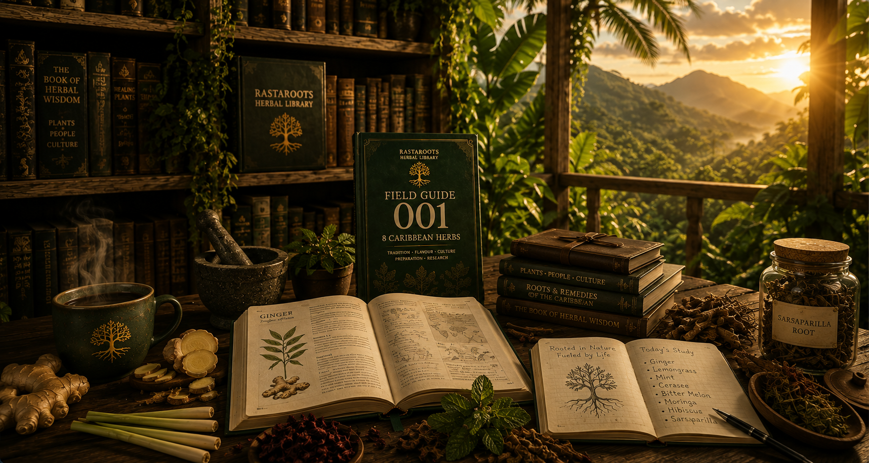 The RastaRoots member Herbal Library with botanical books, herbs, tea and Field Guide 001