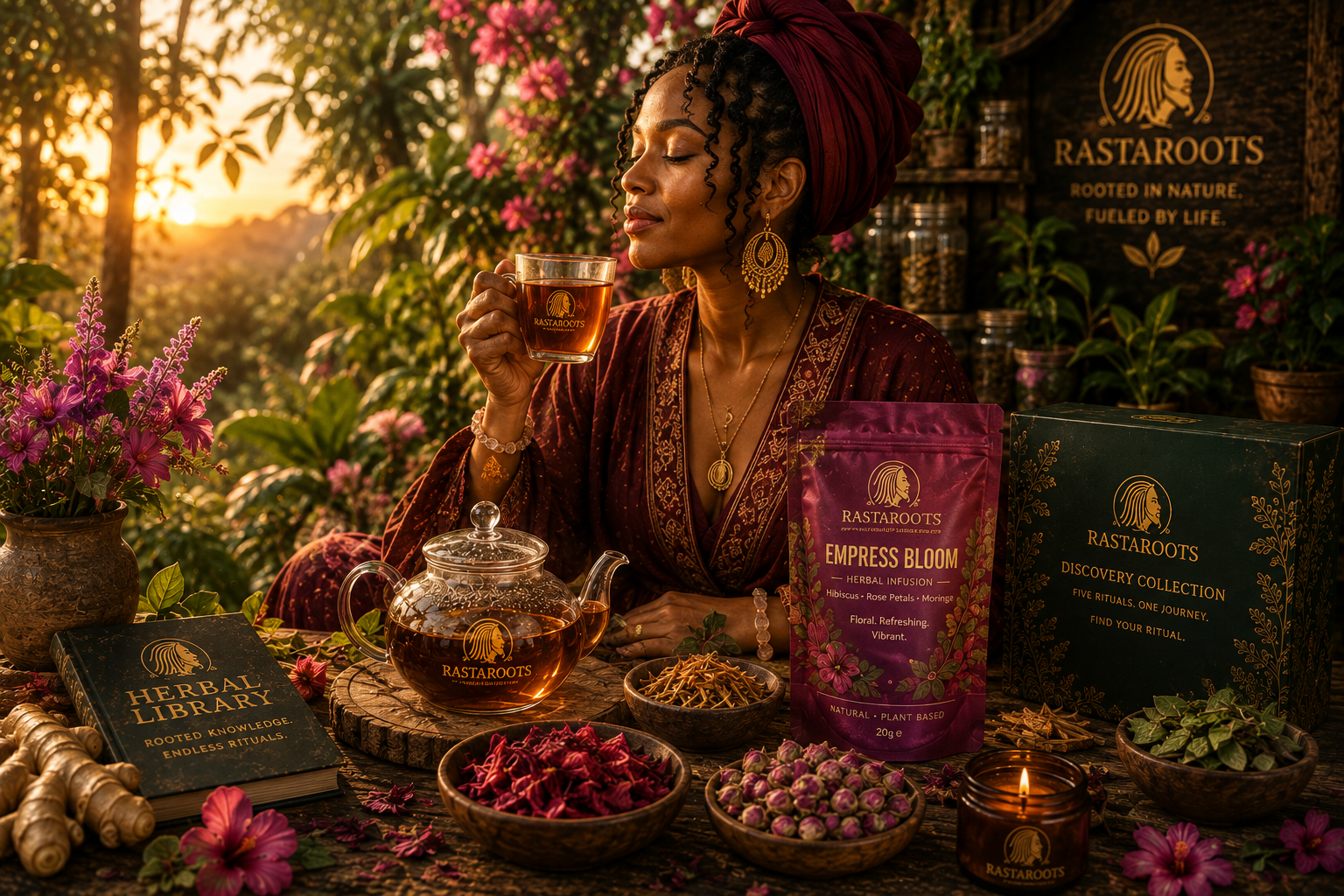 Empress Bloom herbal tea ritual with hibiscus, sorrel, mint, moringa and female Guardian