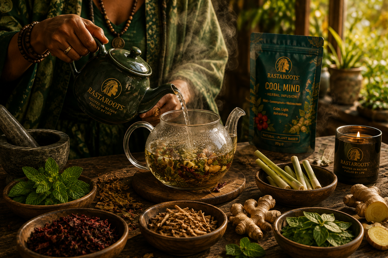 Hot water being poured over botanical herbs in a glass teapot during a RastaRoots herbal tea ritual