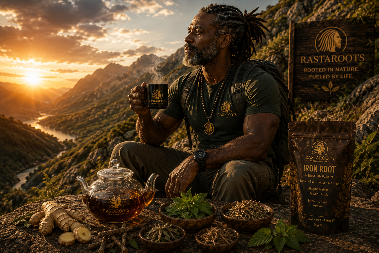 Iron Root Endure herbal tea ritual with mature active Guardian in the mountains
