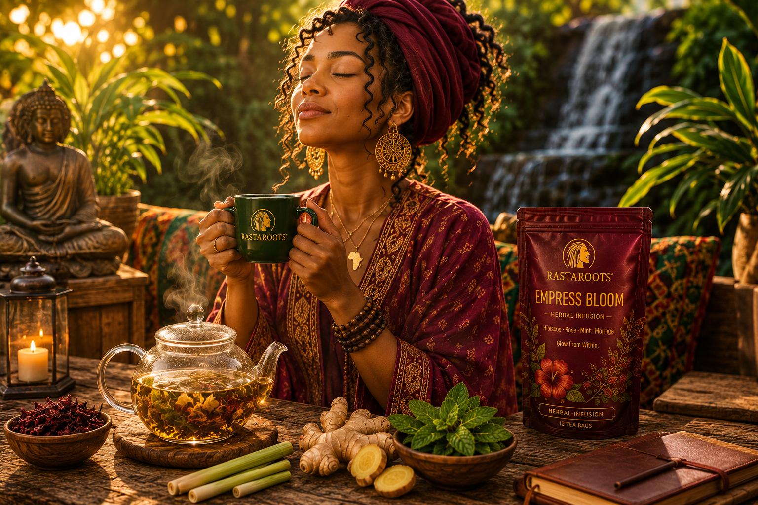 Woman deliberately pausing with a steaming herbal tea cup surrounded by botanicals and natural light