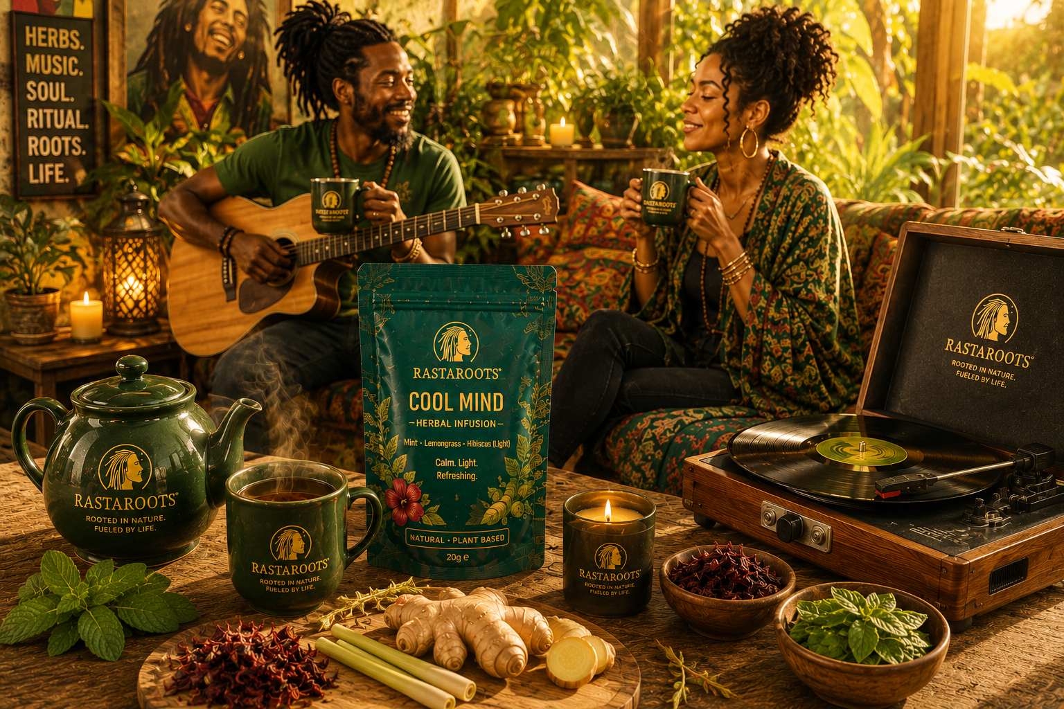RastaRoots herbal tea ritual with guitar, vinyl music, herbal tea and two people sharing the moment