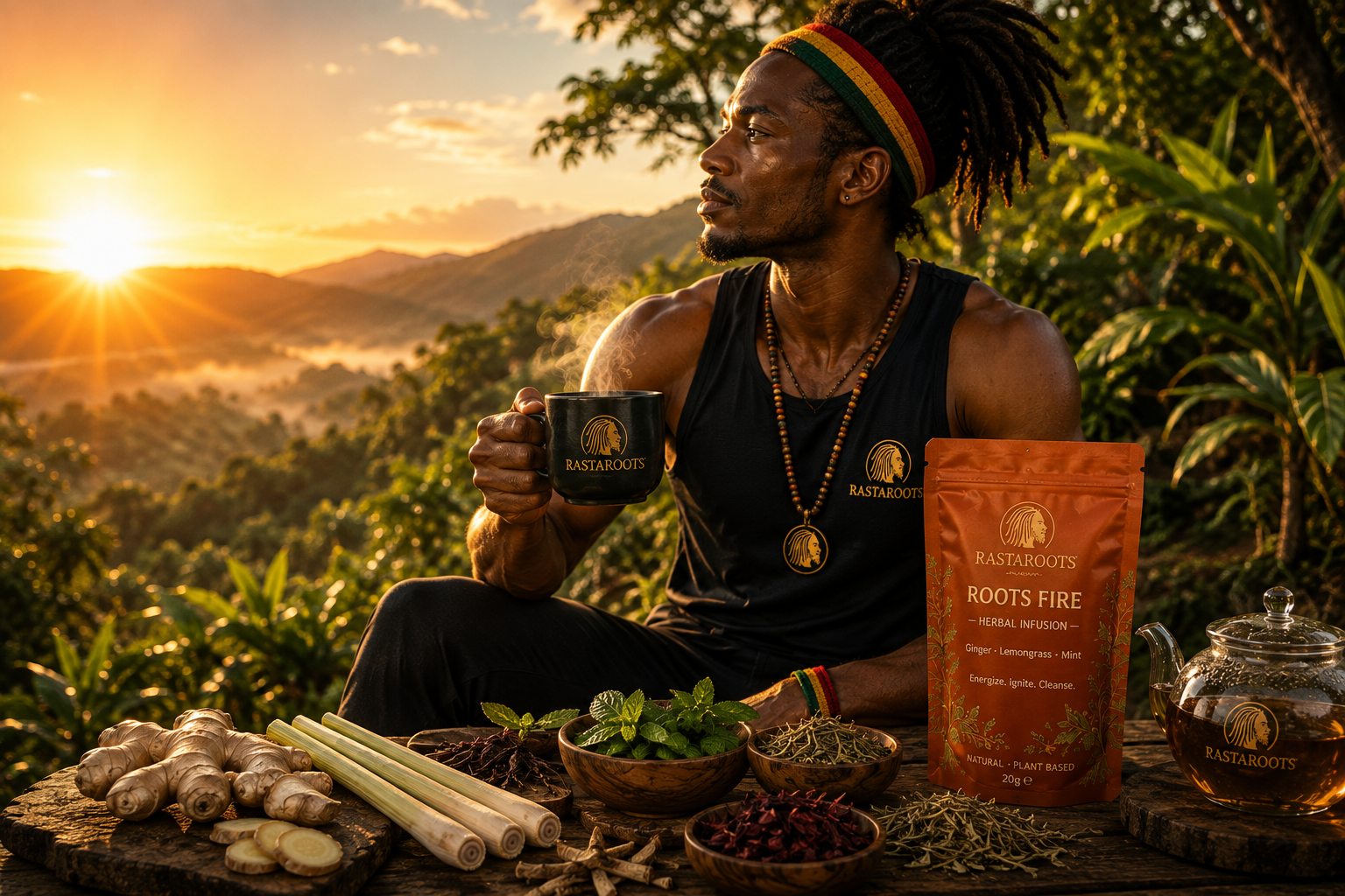 Roots Fire Rise tea ritual at sunrise with ginger, lemongrass, mint and an active male Guardian