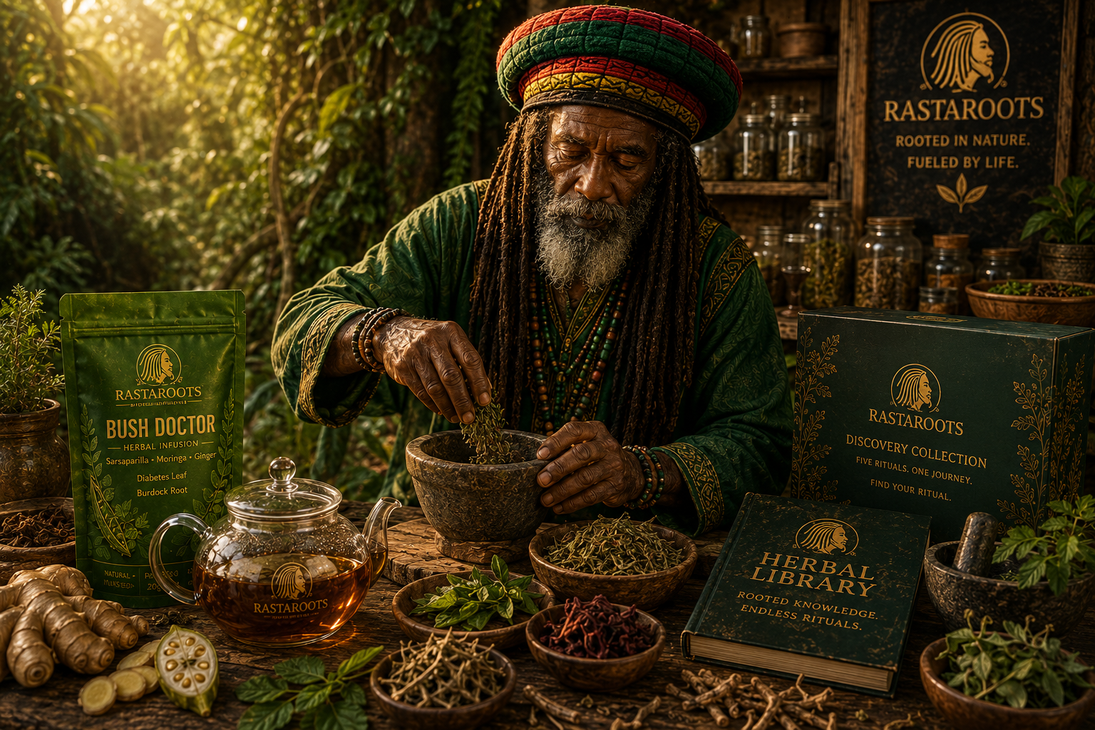 Bush Doctor Root tea ritual with elder Guardian, cerasee, bitter melon, moringa and Caribbean herbal preparation