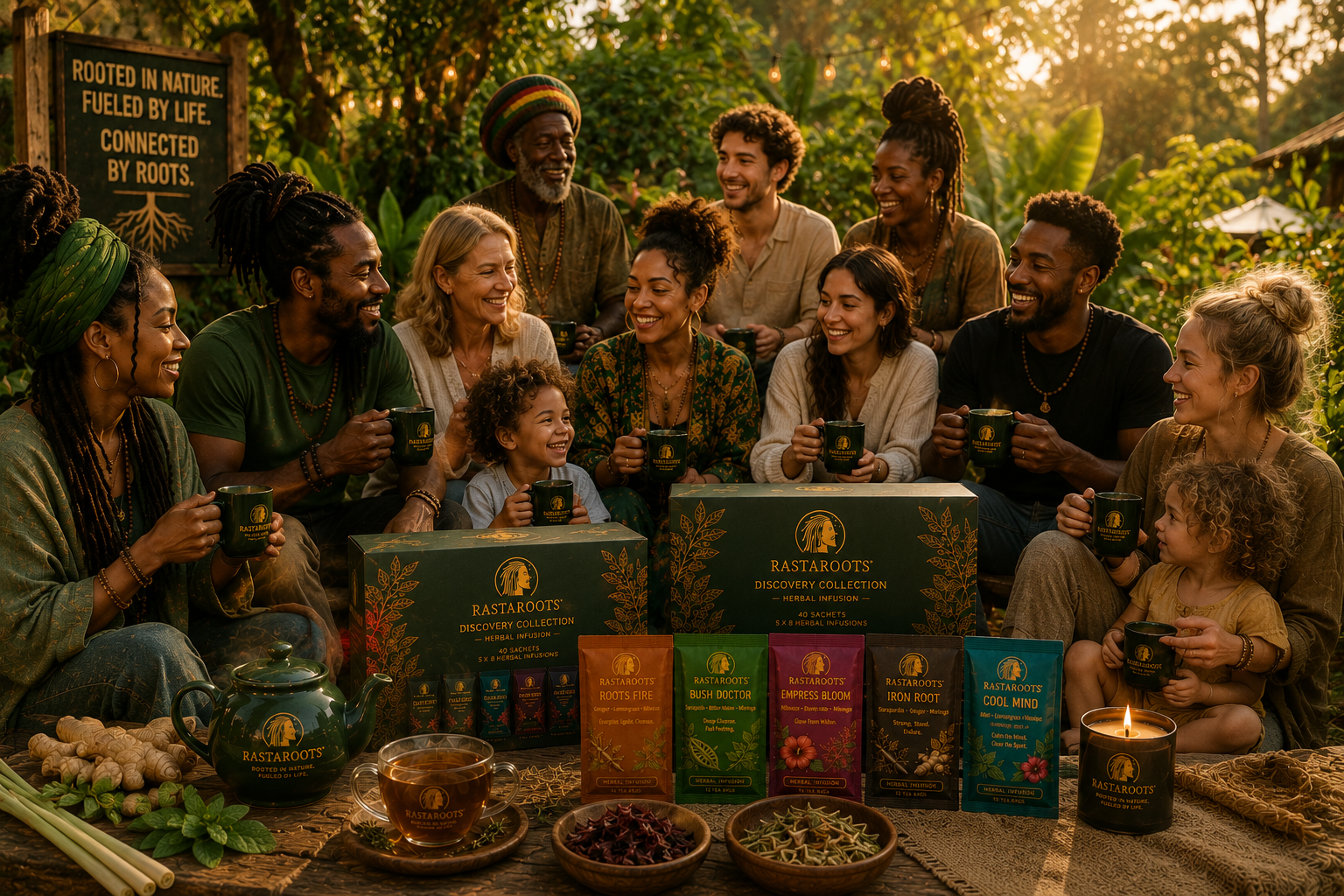 Multicultural British community sharing RastaRoots herbal tea together in a garden