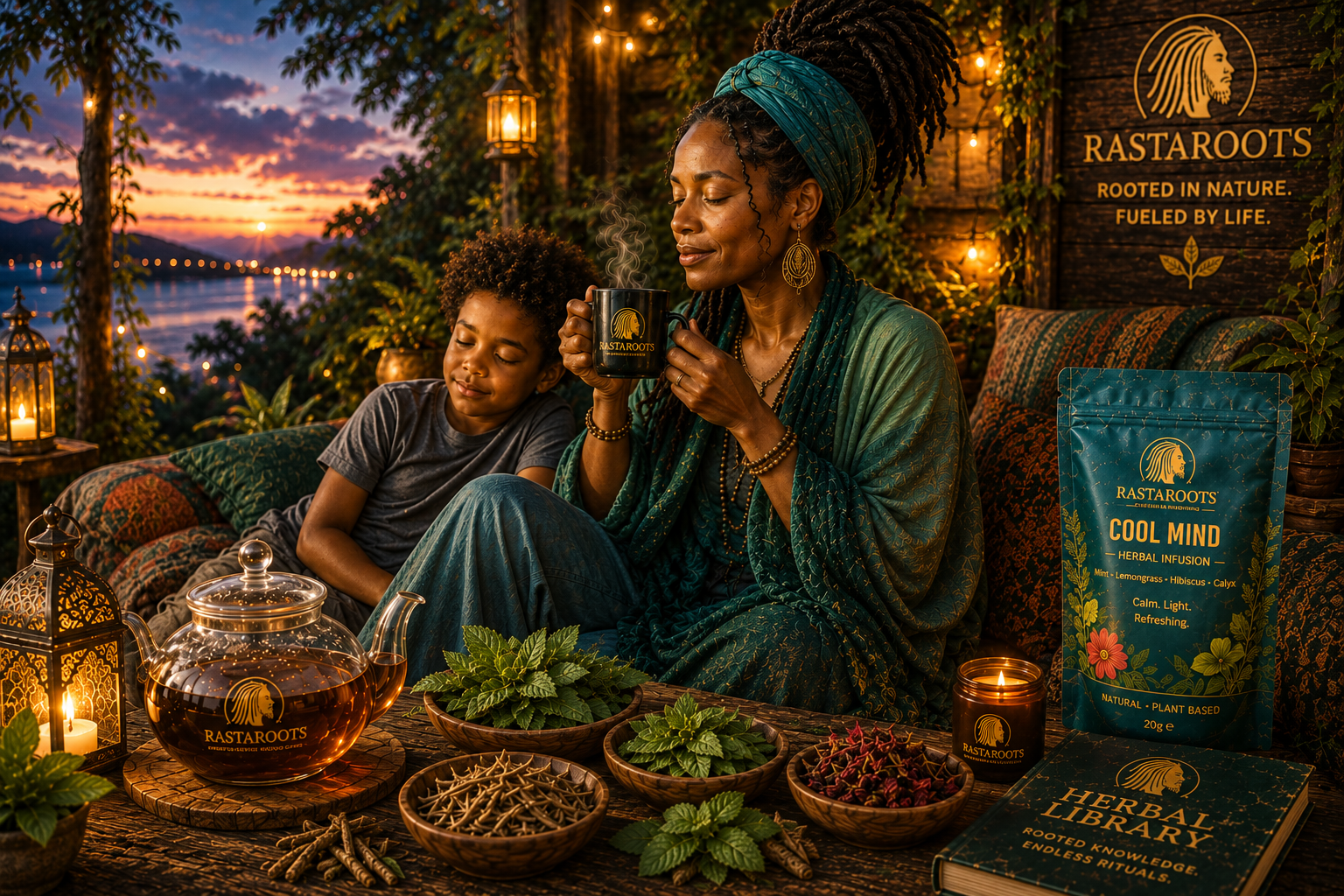 Cool Mind Unwind evening herbal tea ritual with woman, child, mint, lemongrass and hibiscus