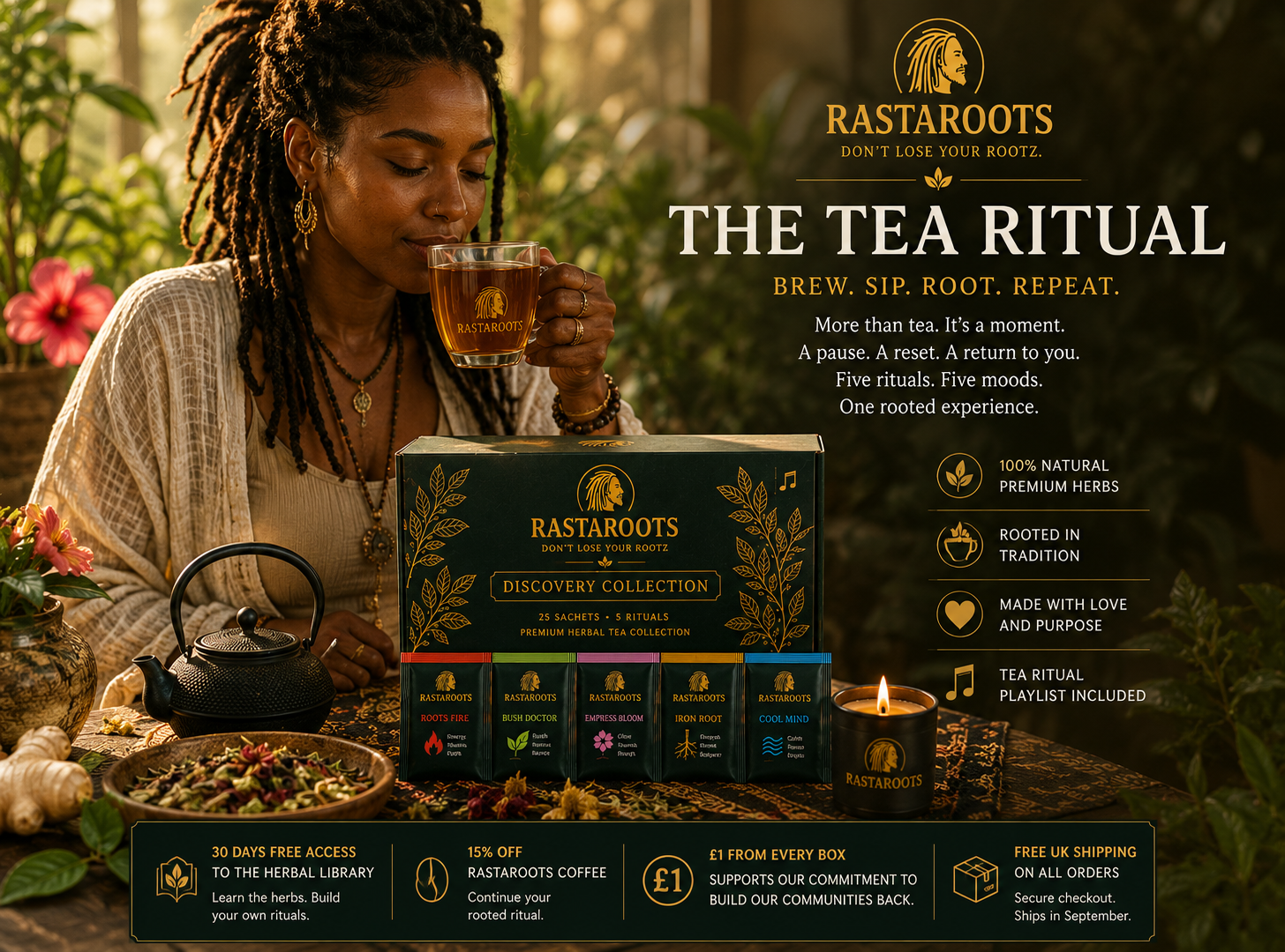 Woman enjoying the RastaRoots Discovery Collection herbal tea ritual